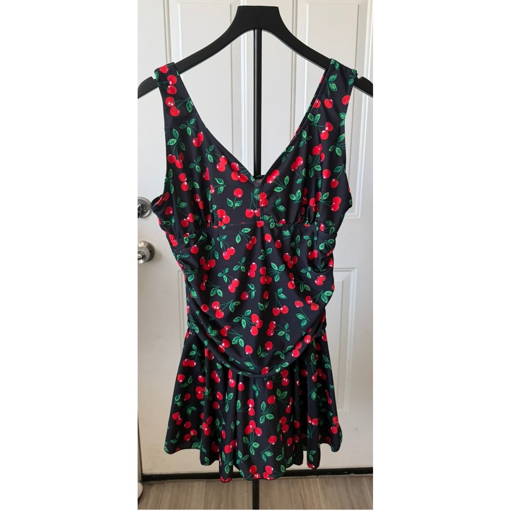 Cherry Print Swim Dress One Piece V-Neck Ruched Skirted Swimsuit Black XXXL - Picture 1 of 4